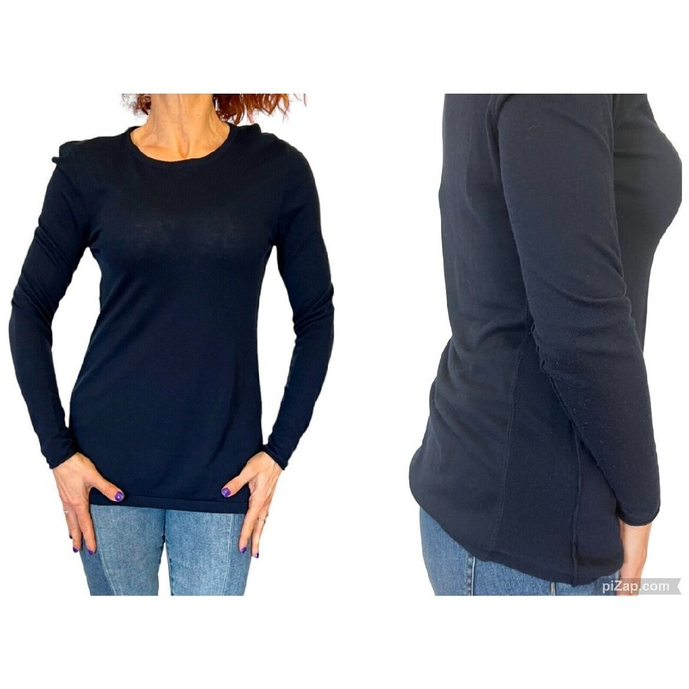 KOKUN WOMEN'S SWEATER TOP PULLOVER LONG SLEEVE NAVY SIDE PANEL CASHMERE BAMBOO M